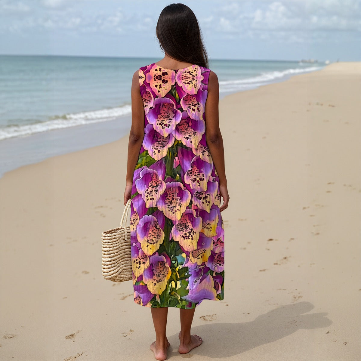 “Foxglove Cascade“ Women's Sleeveless Dress With Pocket|125GSM Slub Cotton