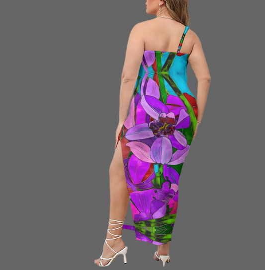 “Fantasia” Women's Oblique-Shoulder Exposure Dress With Side Split (Plus Size)