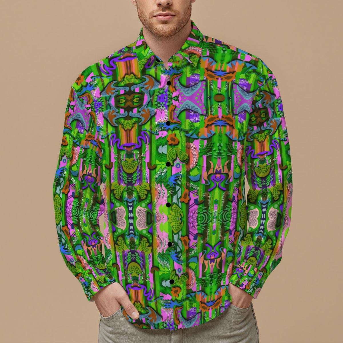 “Labyrinth :Green” Men's Slim Fit Long Sleeve Shirt