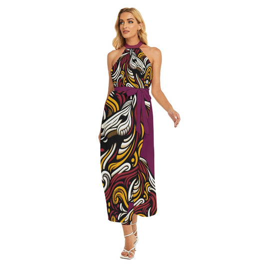 “Bronco” Women's Wrap Hem Belted Halter Dress