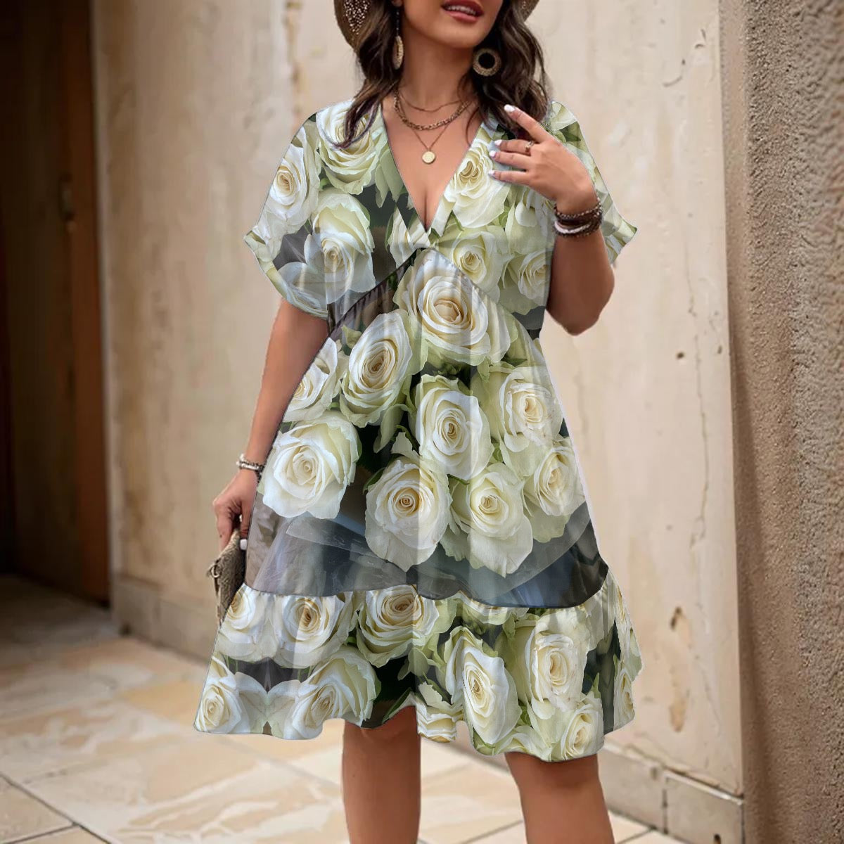 “White Rose” Women’s Floral V-Neck Short Sleeve Dress