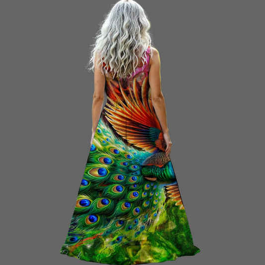 “Peacock Flight” Women’s Sleeveless Maxi Dress