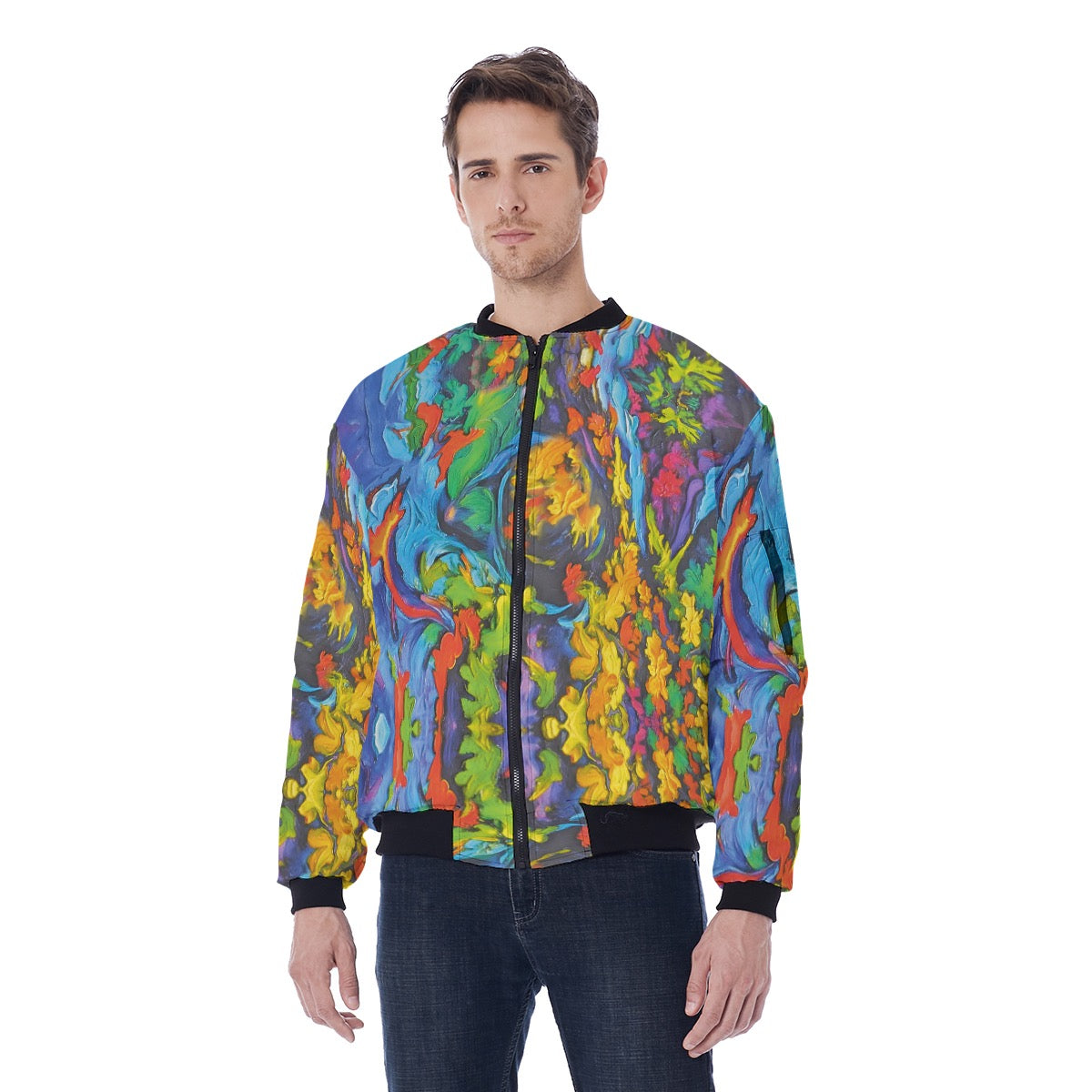 “Springtime Impasto” Print Men's Bomber Jacket With Sleeve Pocket