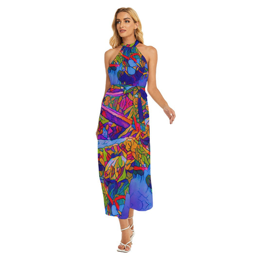 “Cerulean Spectrum” Women's Wrap Hem Belted Halter Dress