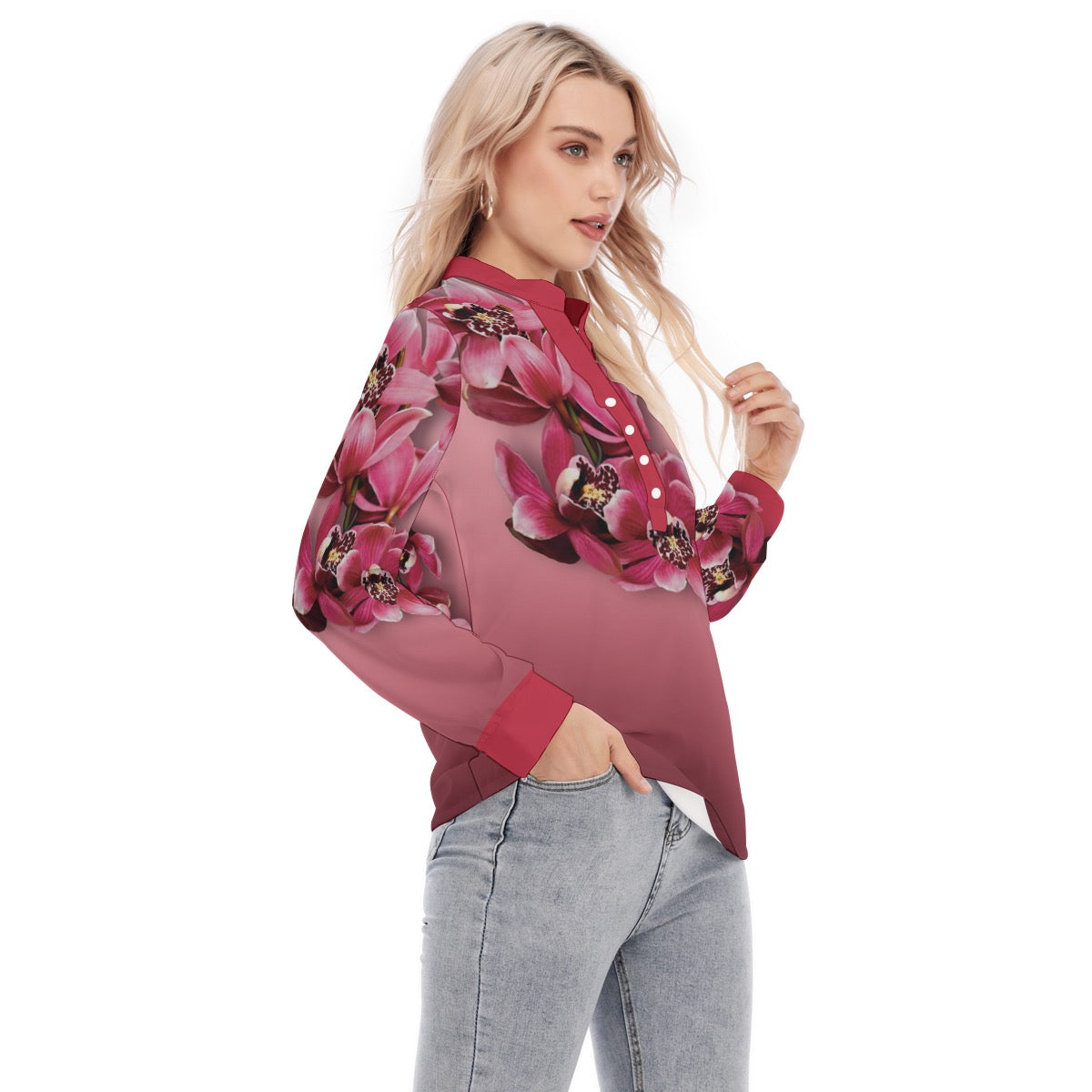 “Cymbidium Orchids with Crimson Sunbirds” Women's Long Sleeve Blouse With Button Closure