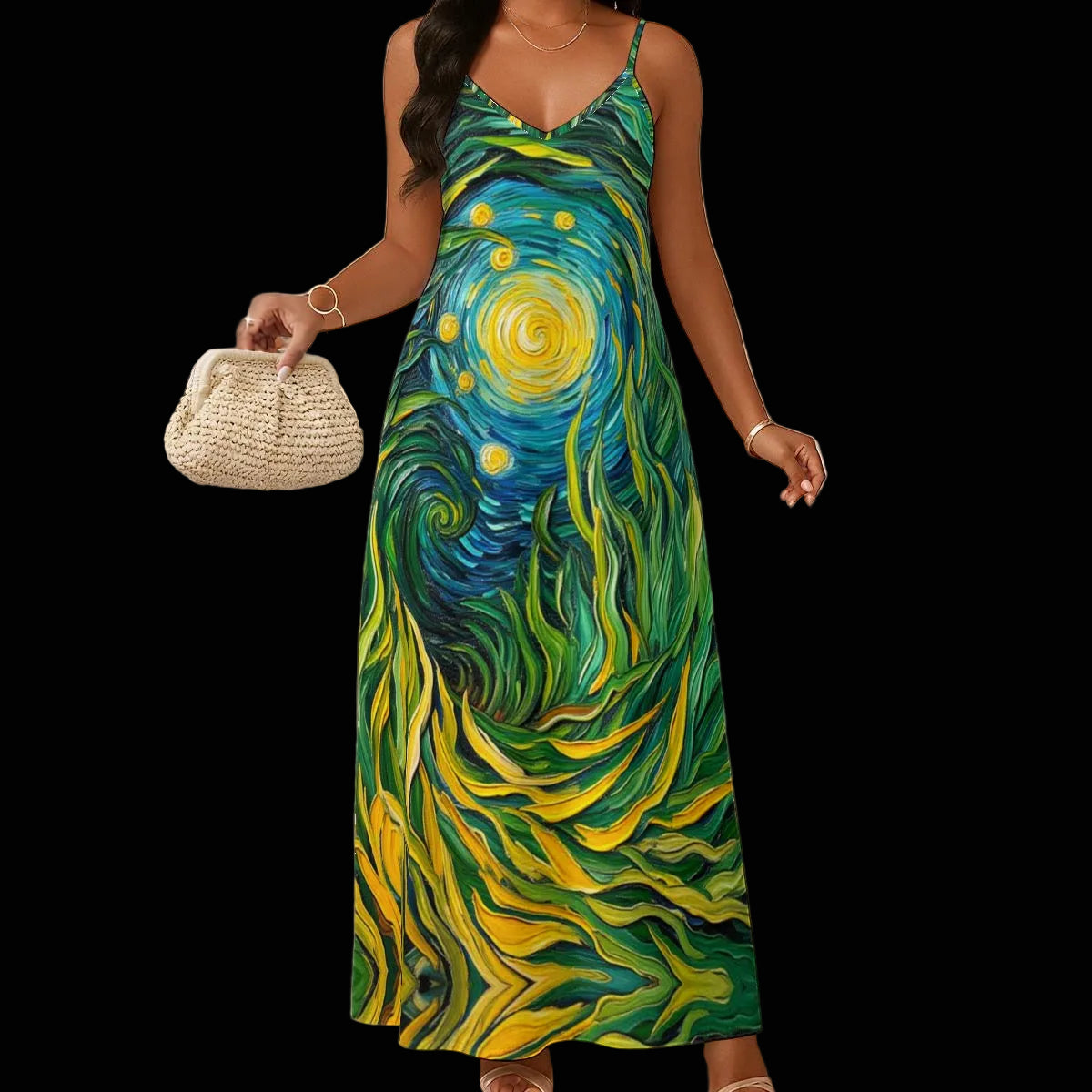 “Vincent Through the Seagrass” Women's Elegant V-Neck Maxi Dress