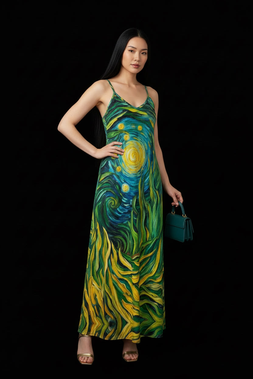 “Vincent Through the Seagrass” Women's Elegant V-Neck Maxi Dress