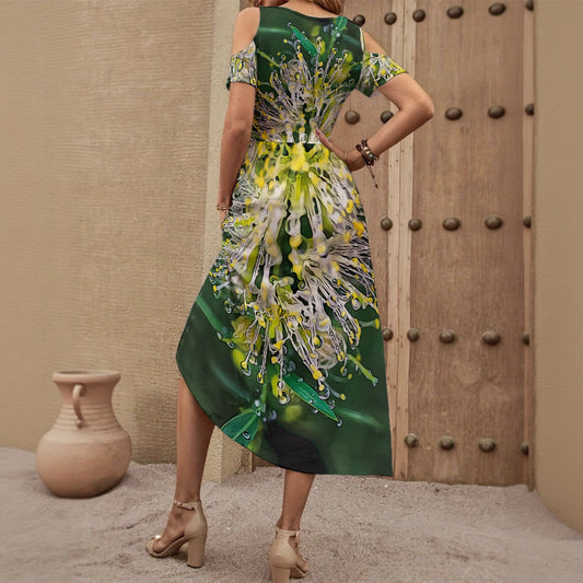 “White Bottlebrush” Women's V-neck Off-shoulder Dress