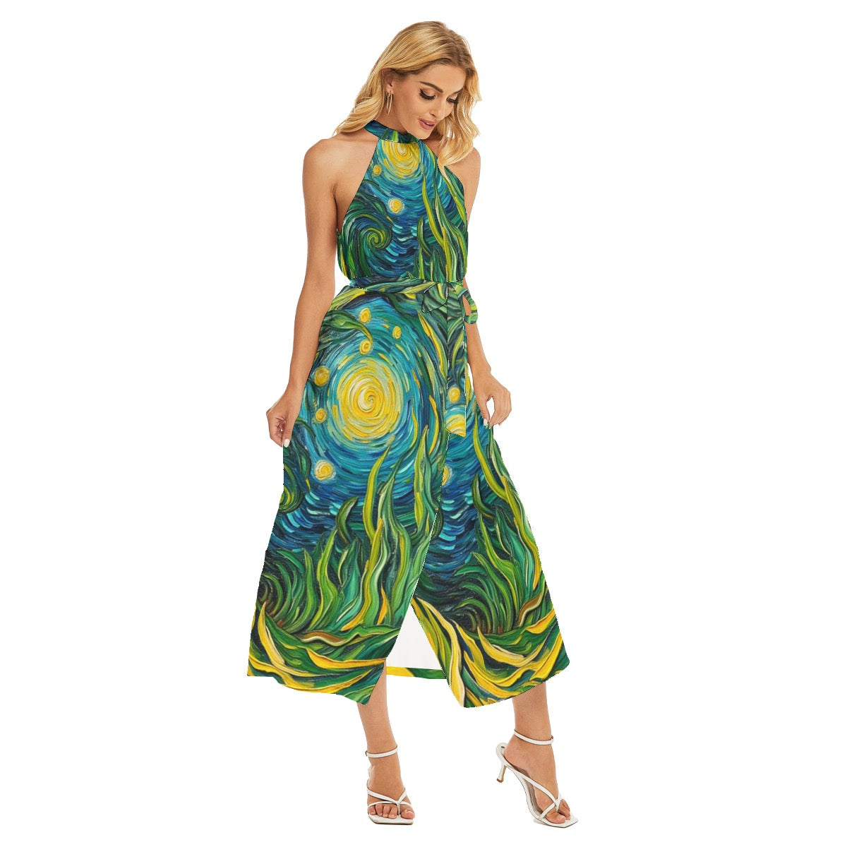 “Vincent Through the Seagrass” Women's Wrap Hem Belted Halter Dress