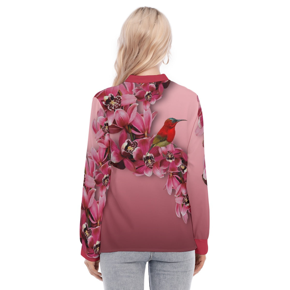 “Cymbidium Orchids with Crimson Sunbirds” Women's Long Sleeve Blouse With Button Closure