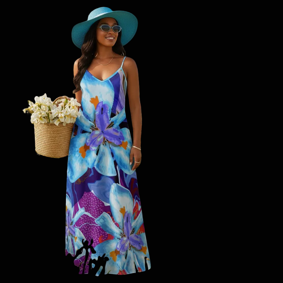 “The Blue Dietes” Elegant V-Neck Maxi Dress