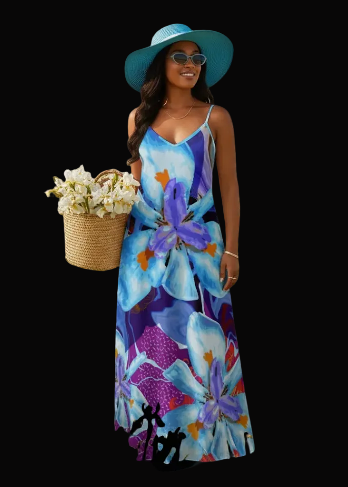“The Blue Dietes” Elegant V-Neck Maxi Dress