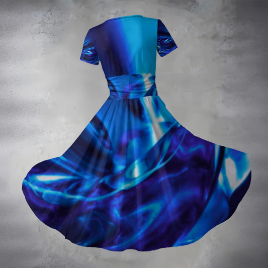 “Glass Wave” Blue: Women's Short Sleeve V Neck Midi Dress