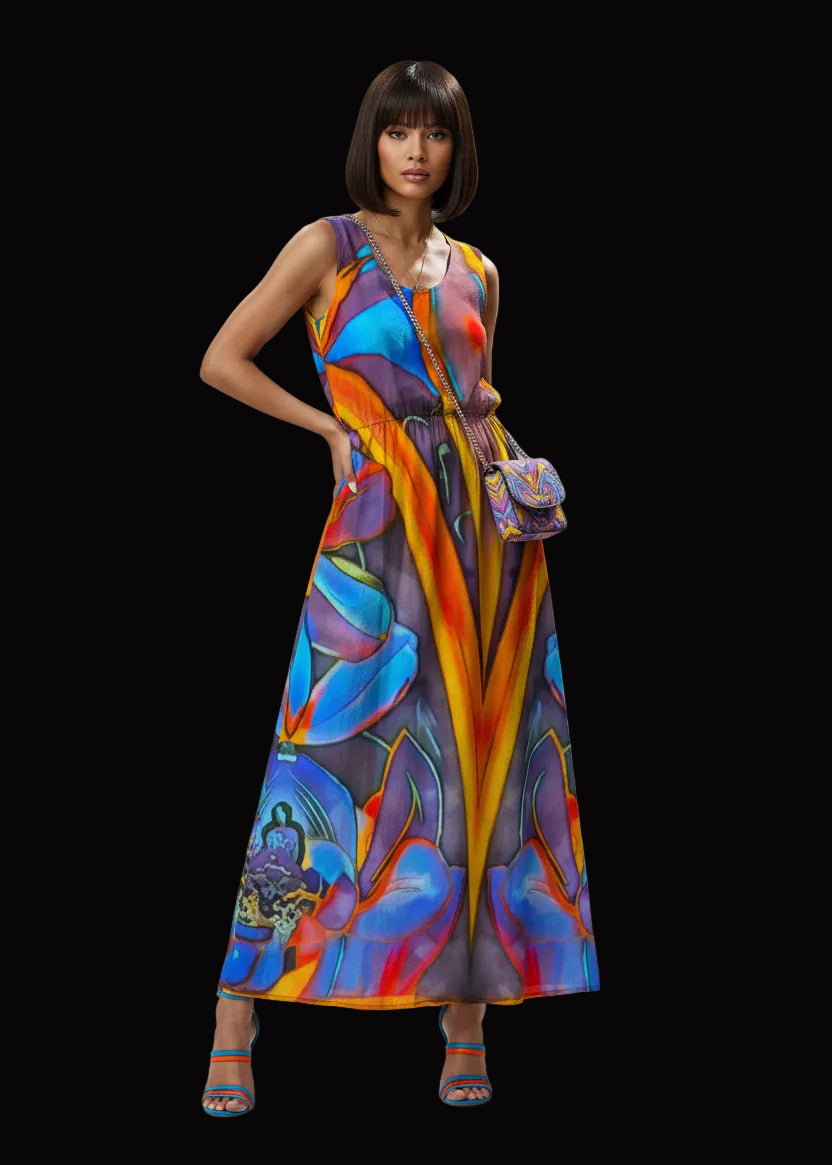“Electric Bloom” Women’s Sleeveless Maxi Dress