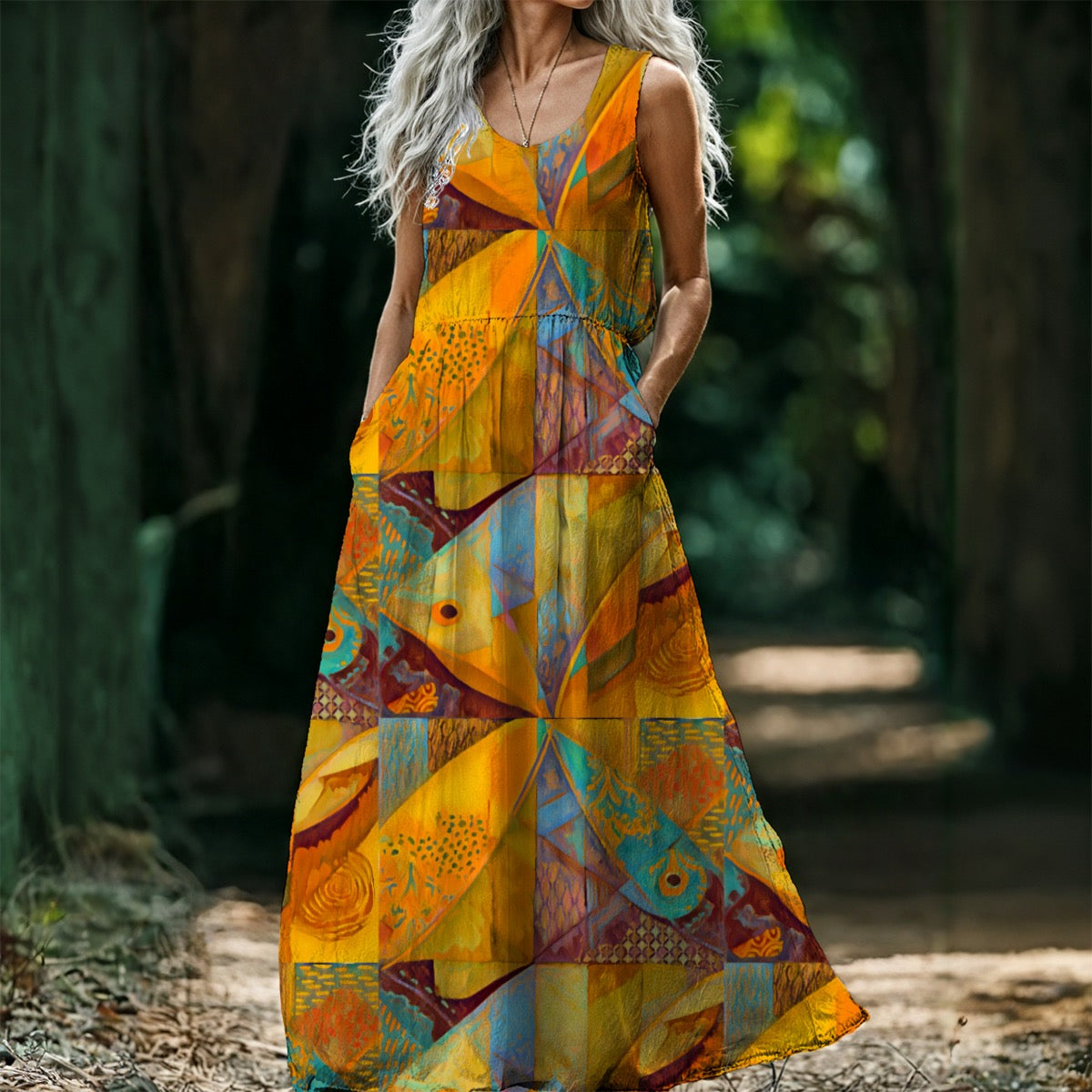 “Aqua Landscape” Women’s Sleeveless Maxi Dress