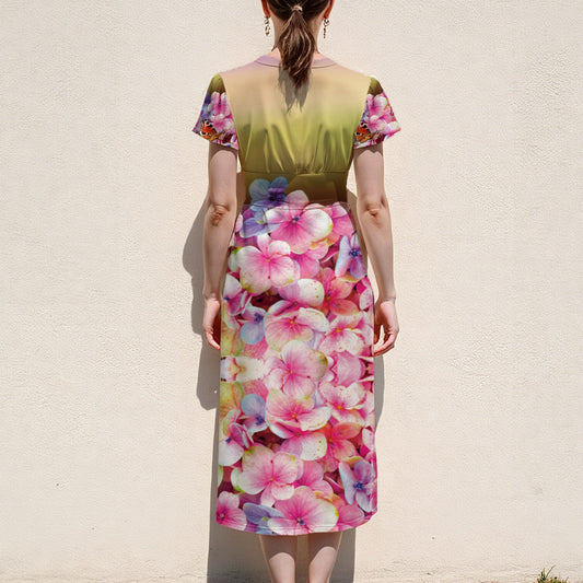 “Hydrangea” Women's V-Neck Flutter Sleeve Midi Dress