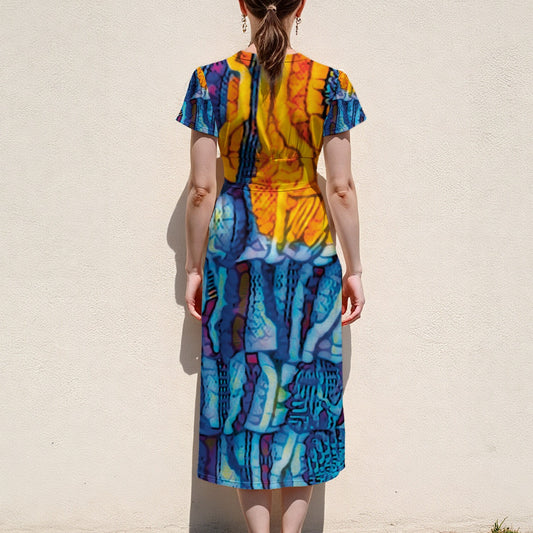 “Oceanic” Women's V-Neck Flutter Sleeve Midi Dress