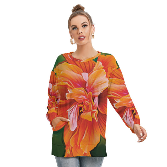 “Peach Hibiscus” Women's Side Split O-neck Sweatshirt