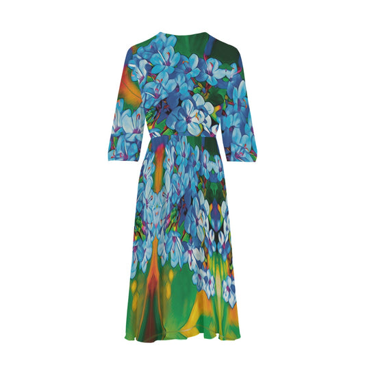 “Blue India Hawthorn” Women's Knee-Length V-Neck Dress