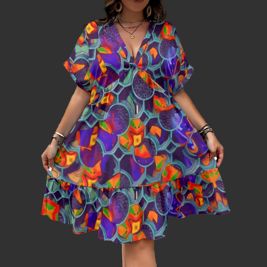 “Botanic Nebula” Women’s Floral V-Neck Short Sleeve Dress