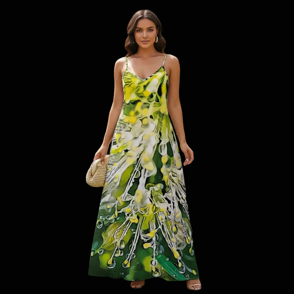 “White Bottlebrush” Women's Elegant V-Neck Maxi Dress