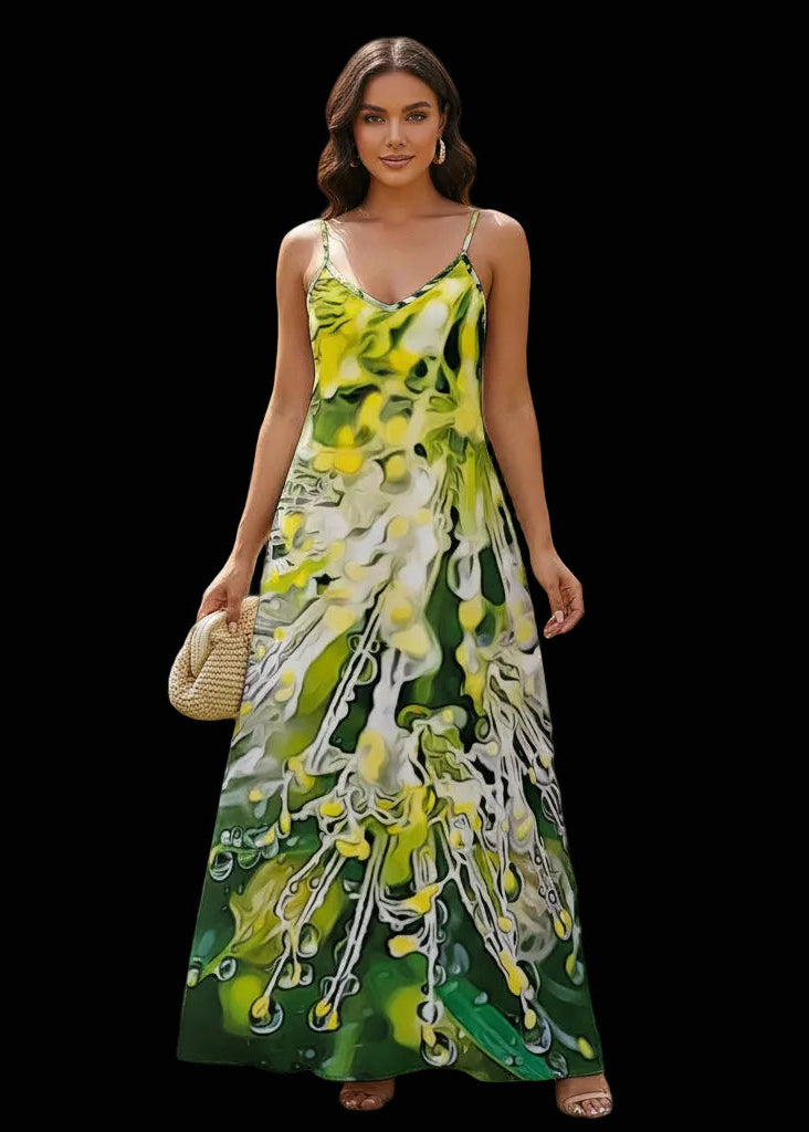 “White Bottlebrush” Women's Elegant V-Neck Maxi Dress