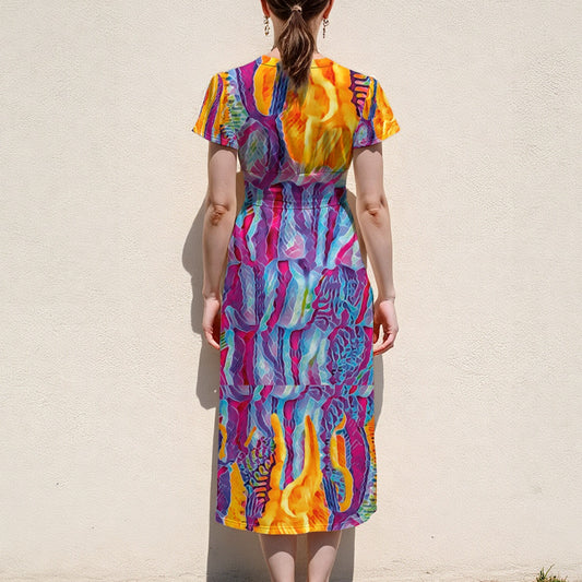 “Polychromous” Women's V-Neck Flutter Sleeve Midi Dress