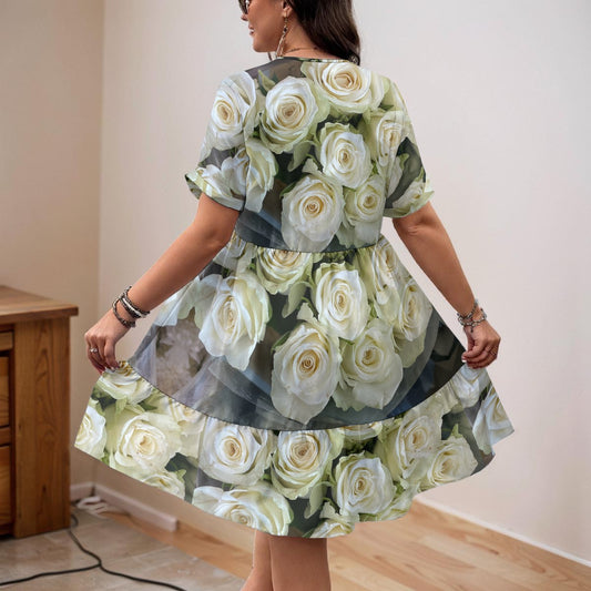 “White Rose” Women’s Floral V-Neck Short Sleeve Dress
