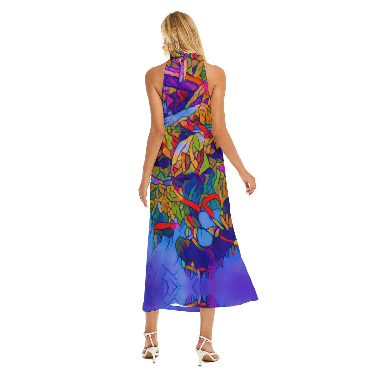 “Cerulean Spectrum” Women's Wrap Hem Belted Halter Dress