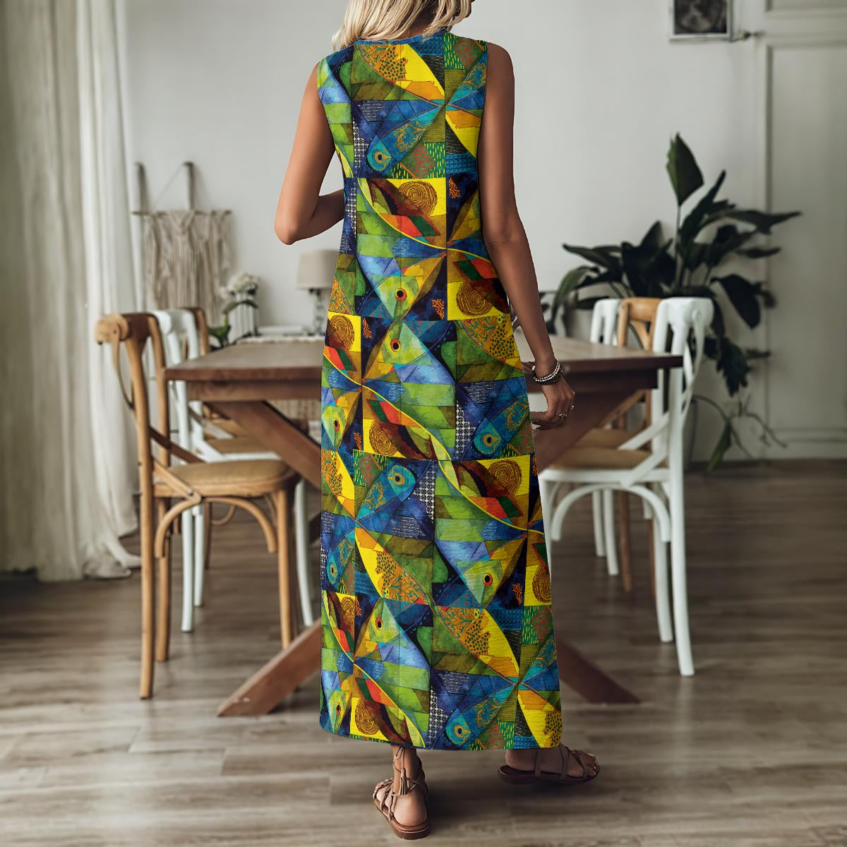 “Ocean Echoes” Women's V-Neck Long Dress