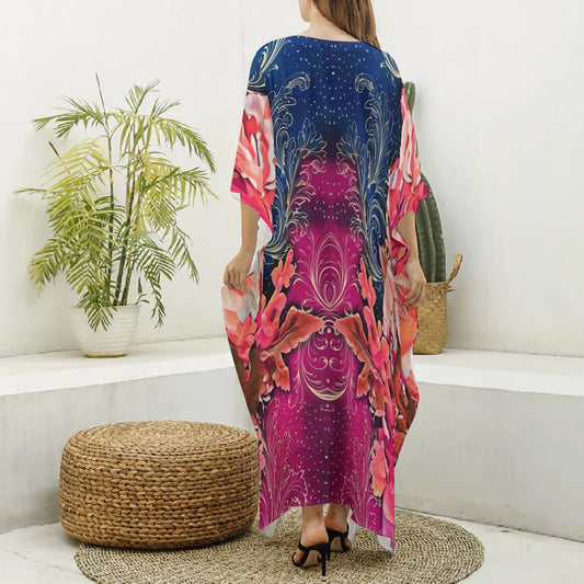 “Celestial Bloom” Women's Imitation Silk V-neck Kaftan Robe