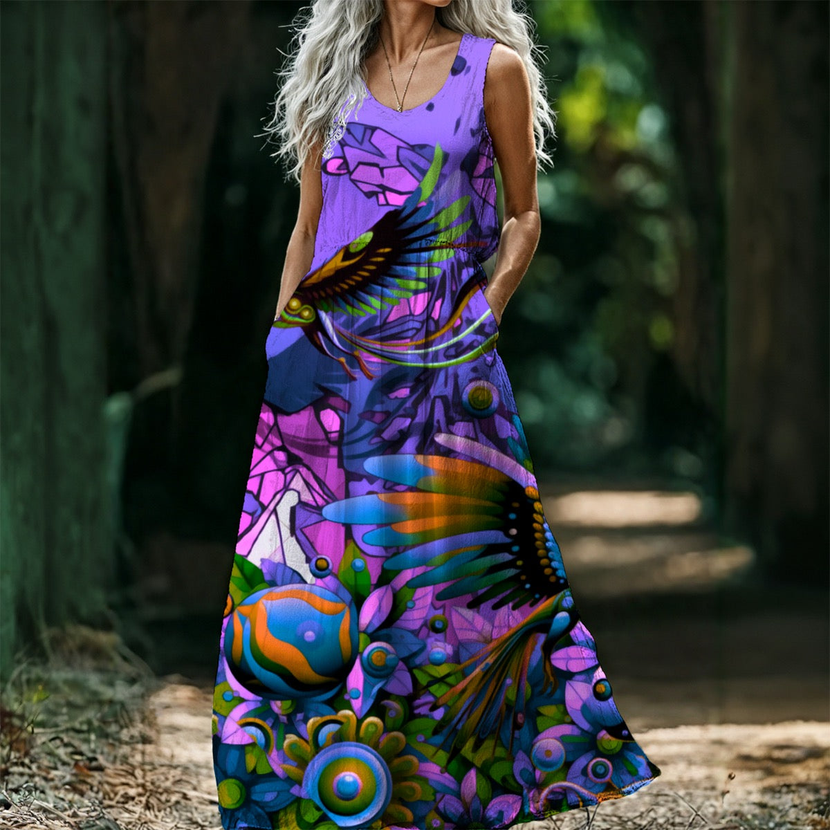 “Purple Garden of Unseemly Delights” Women’s Sleeveless Maxi Dress
