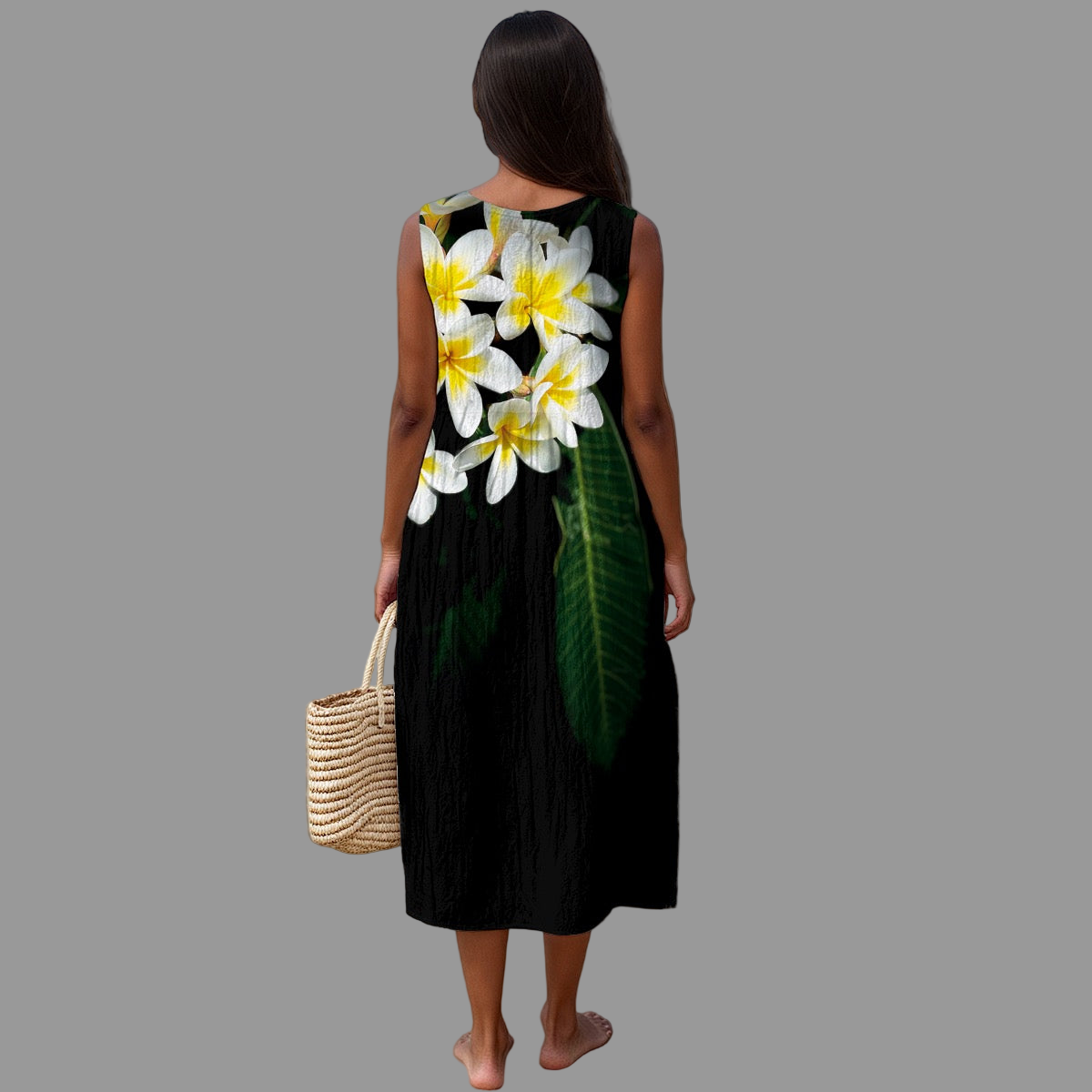 “Frangipani Black” Women's Sleeveless Dress|125GSM Slub Cotton