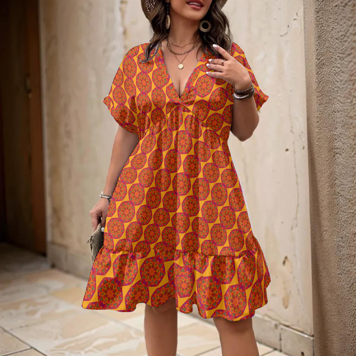 “Mandarin” Women’s Floral V-Neck Short Sleeve Dress