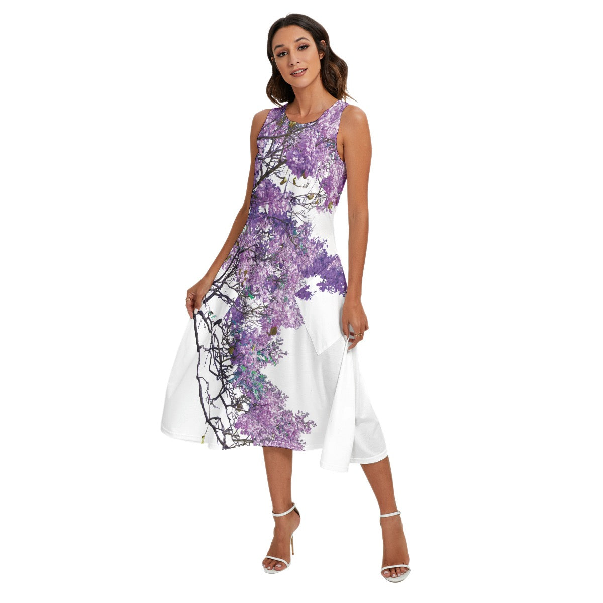 “Jacaranda Season” (White) Women's Sleeveless Dress With Diagonal Pocket