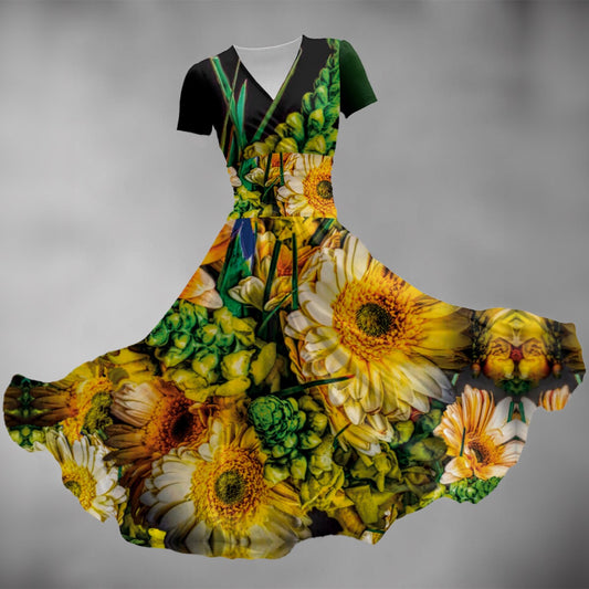 “Bouquet” Women's Short Sleeve V Neck Midi Dress