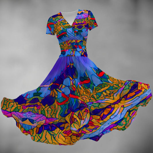 “Cerulean Spectrum” Women's Short Sleeve V Neck Midi Dress