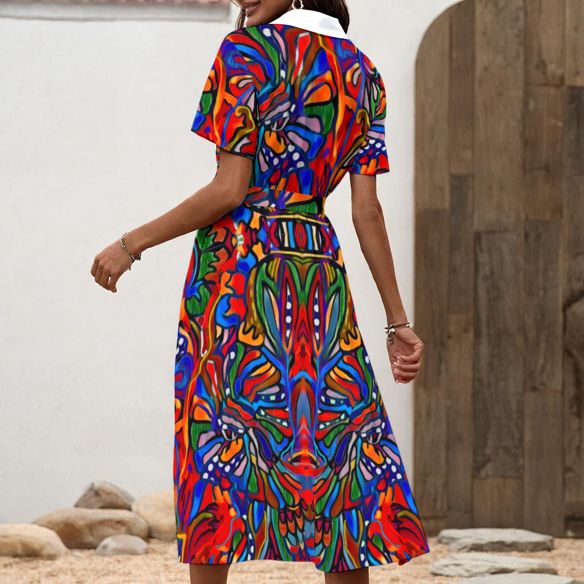 “Crimson Bloom” Women's Shirt Dress with Waist Tie