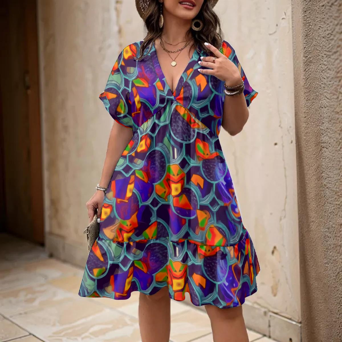 “Botanic Nebula” Women’s Floral V-Neck Short Sleeve Dress
