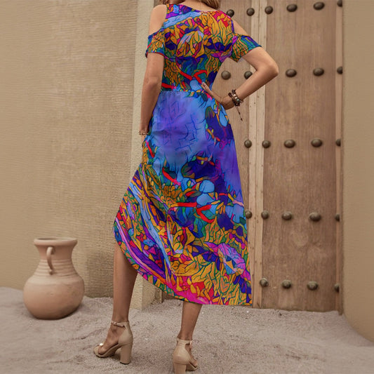 “Cerulean Spectrum” Women's V-neck Off-shoulder Dress