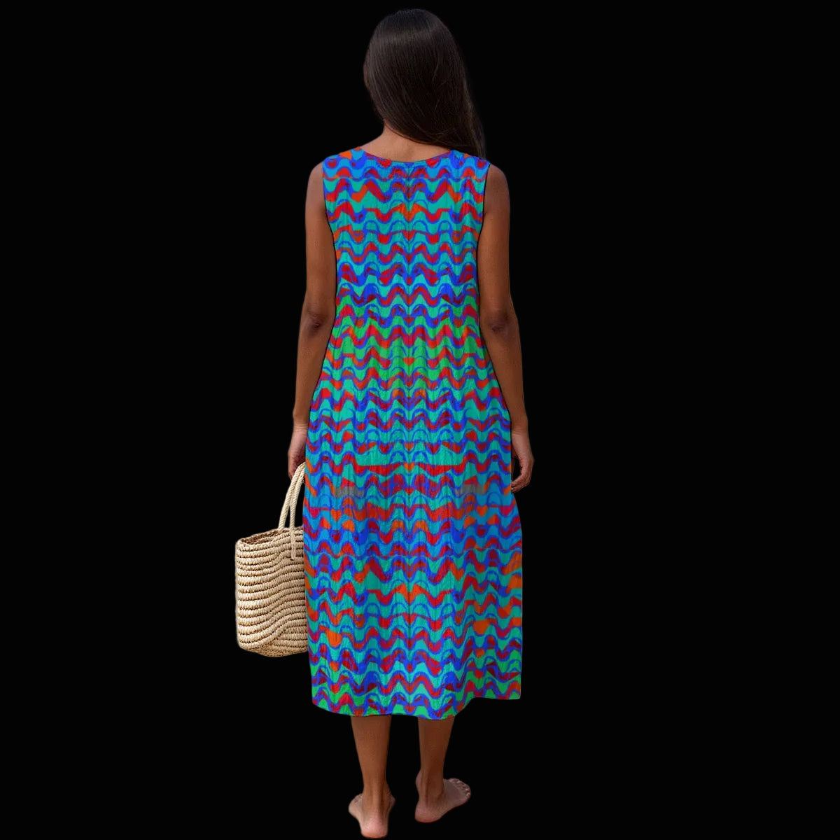 “Marine Pulsations” Women's Sleeveless Dress With Pocket|125GSM Slub Cotton