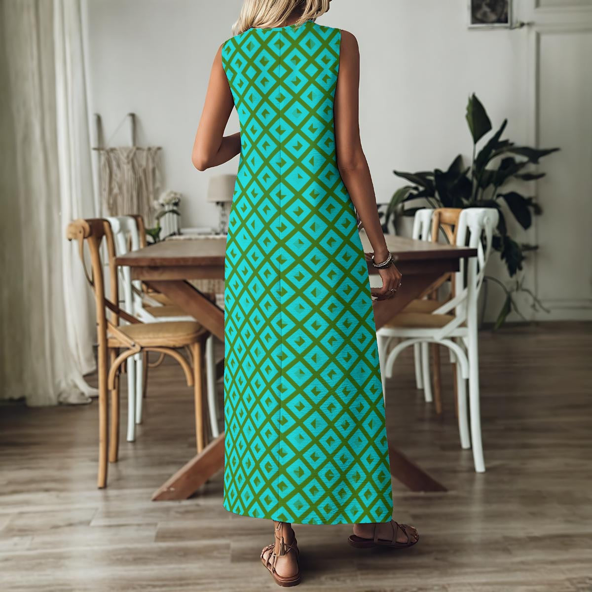 “Aqua Lattice” Women's V-Neck Long Dress