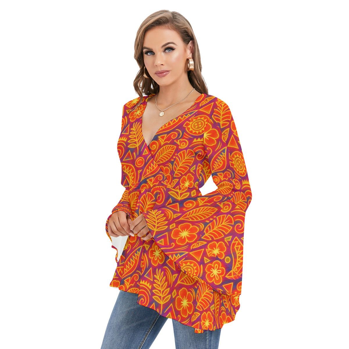 Women's V-neck Blouse With Flared Sleeves