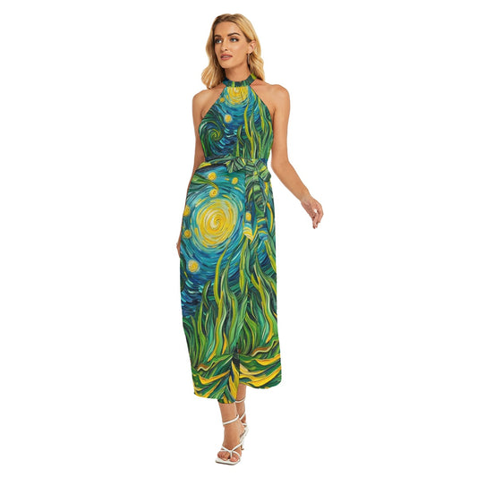 “Vincent Through the Seagrass” Women's Wrap Hem Belted Halter Dress
