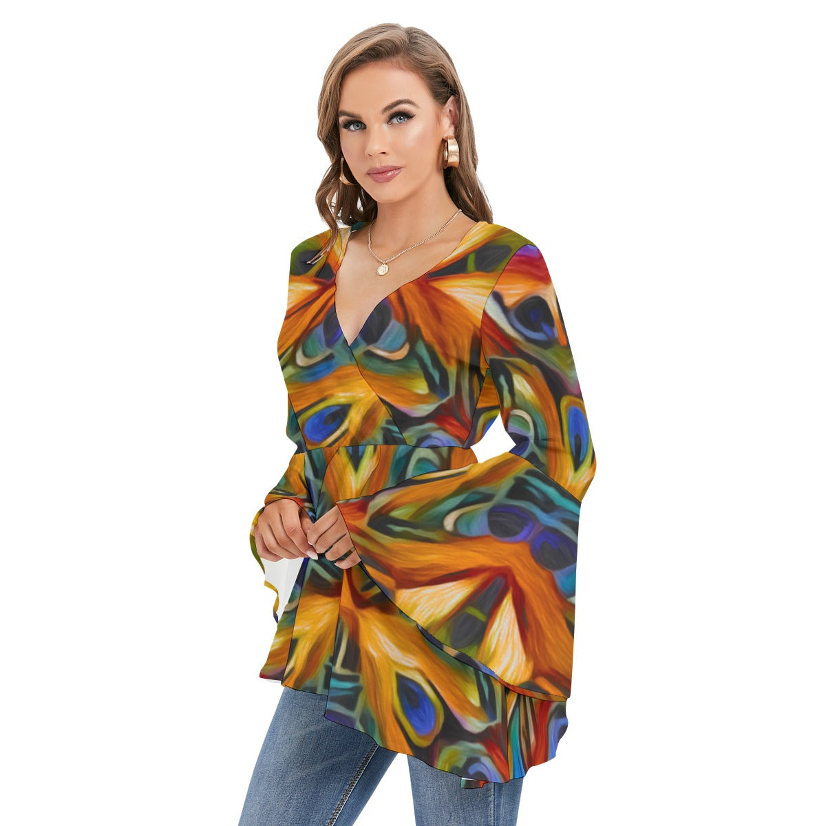 “Exotic Rhythms” Women's V-neck Blouse With Flared Sleeves