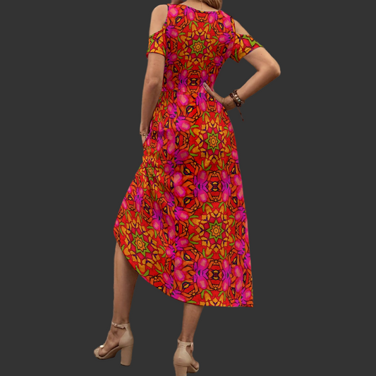 “Prismatic Petals” Women's V-neck Off-shoulder Dress