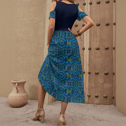 “Tranquility” Women's V-Neck Off-Shoulder Dress in Blue Kaleidoscopic Print