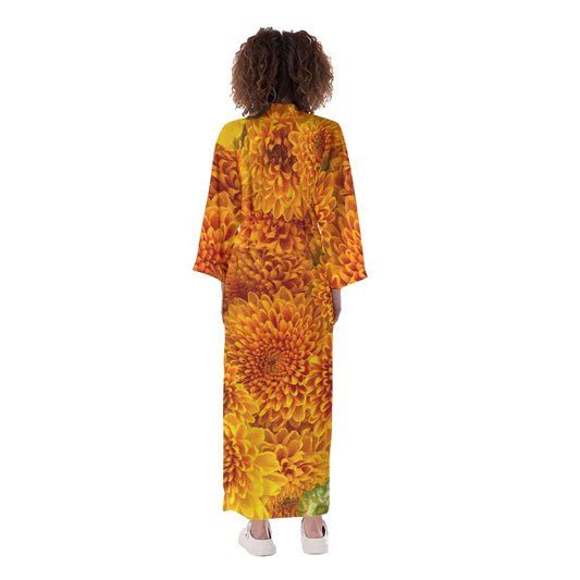 “Orange Chrysanthemum” Women's Long Satin Kimono Robe