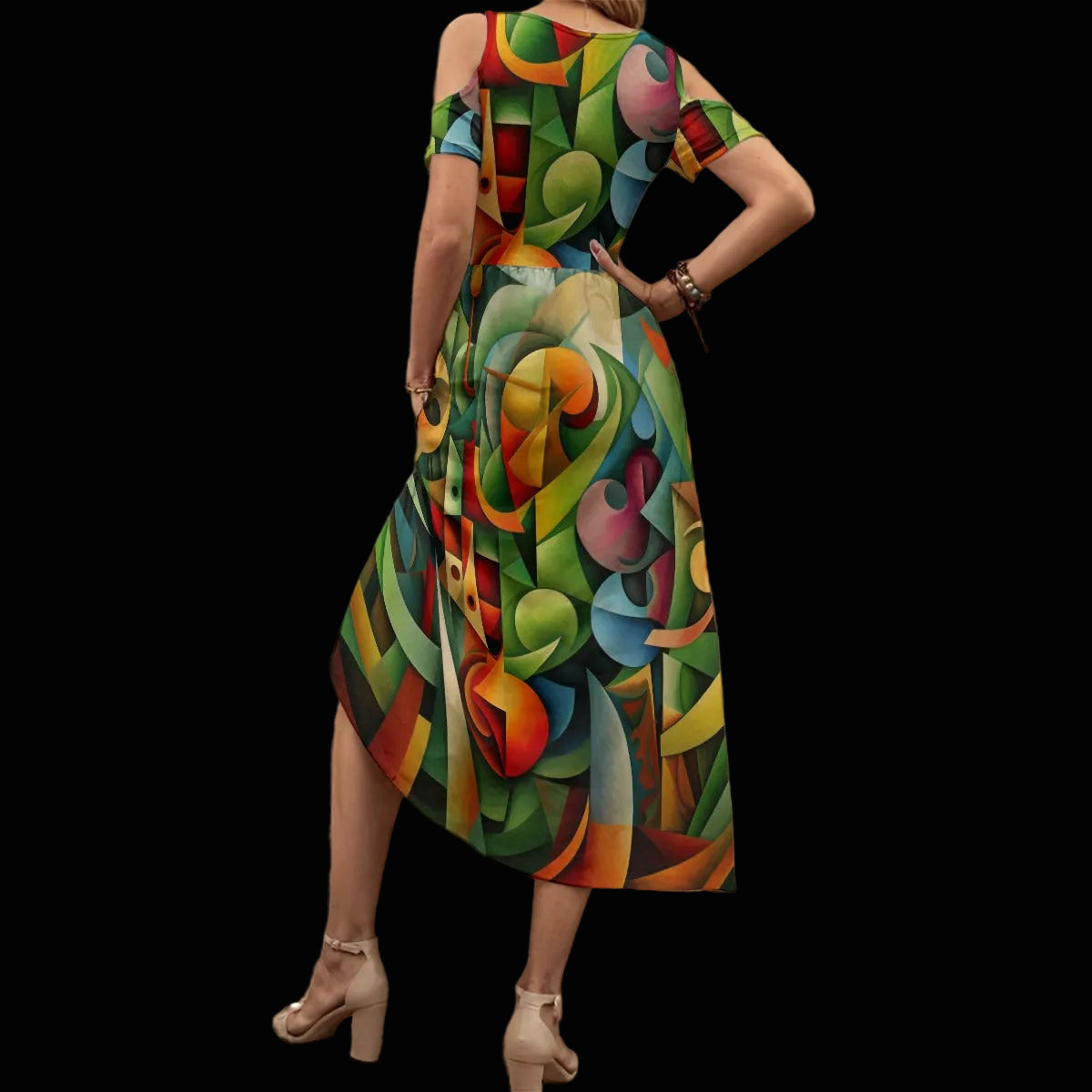“Fruit Salad” Women's V-neck Off-shoulder Dress