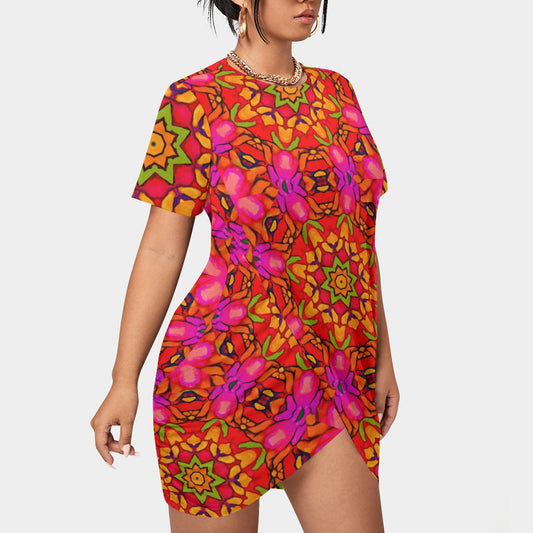 âPrismatic Petalsâ Womenâs Stacked Hem Dress With Short SleeveïŒPlus SizeïŒ